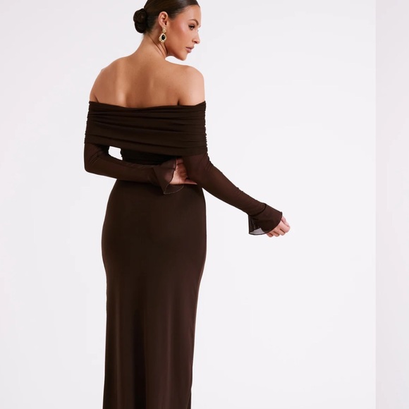 MESHKI - Josie Off Shoulder Mesh Maxi Dress - Dark Brown - Picture 2 of 3